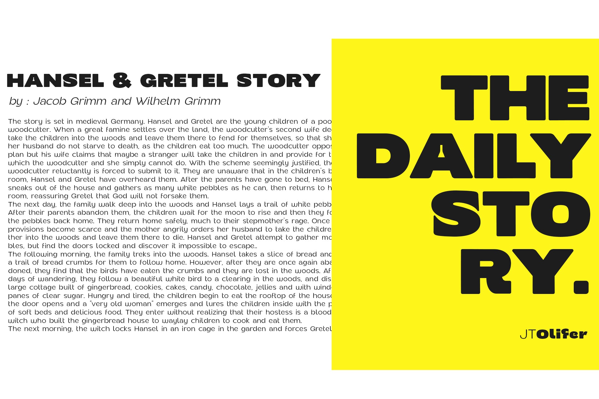 Book cover design split layout with Hansel plus Gretel story text on left, bold black typography on bright yellow right side