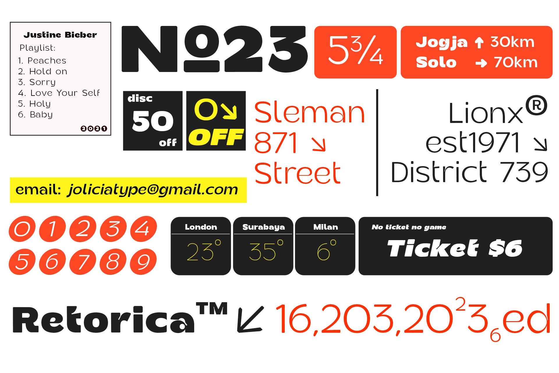 Colorful design elements mockup with bold typography, tickets, badges, temperature info, plus playlist layout