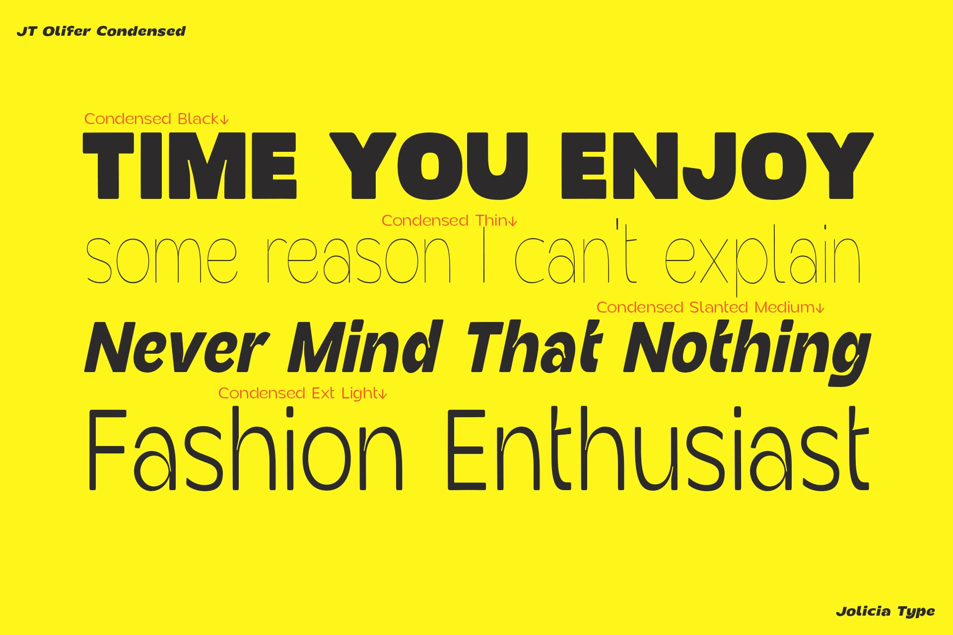 JT Olifer Condensed font family displayed in multiple weights on bright yellow background with sample text