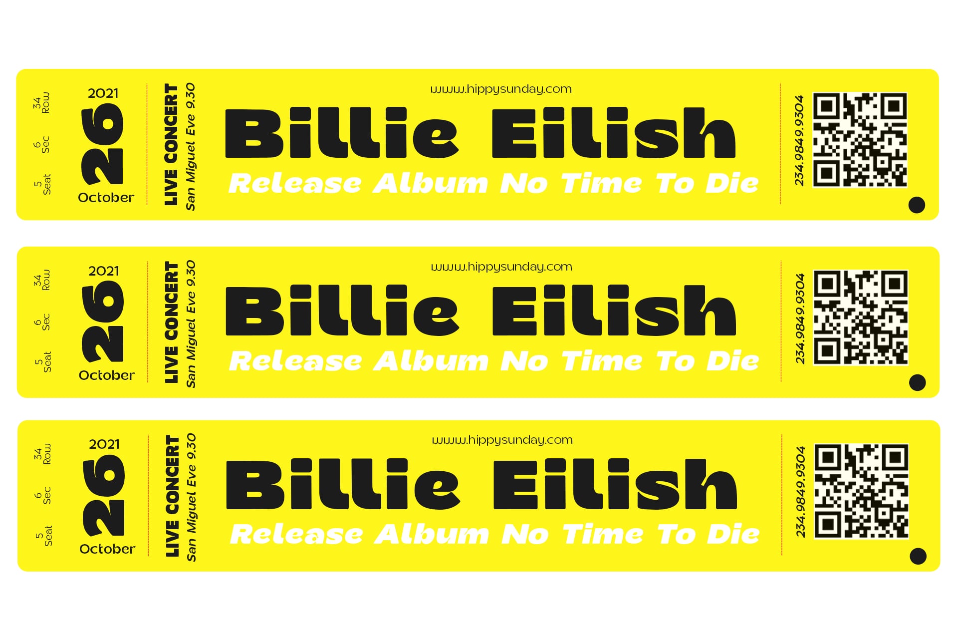 Billie Eilish concert ticket mockup in neon yellow with QR code, October 2021