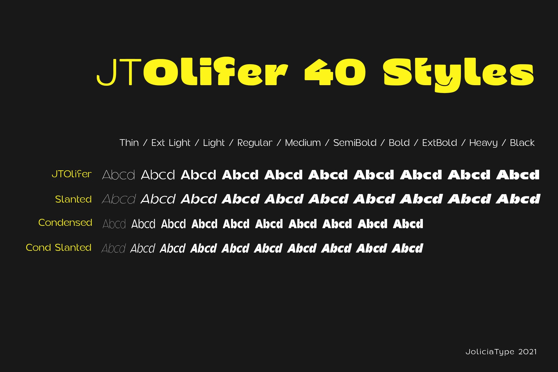 JTOlifer font family showing 40 weight variations from thin to black styles
