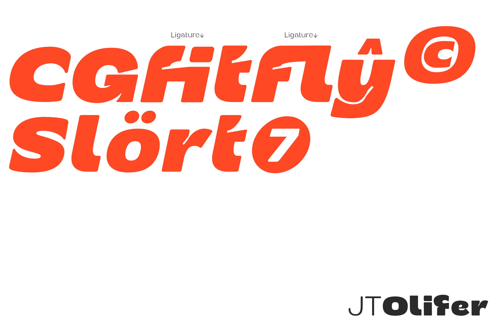 Bold red sans-serif font with ligature variations, chunky letters on white background
