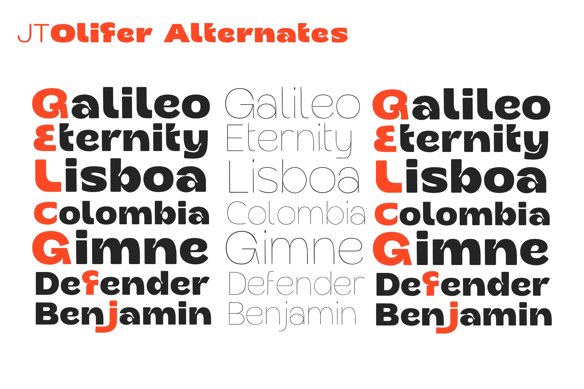 JTOlifer Alternatives font family showing bold red, black, plus thin outline weights