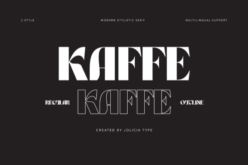 Kaffe serif font showing regular plus outline styles with multilingual support