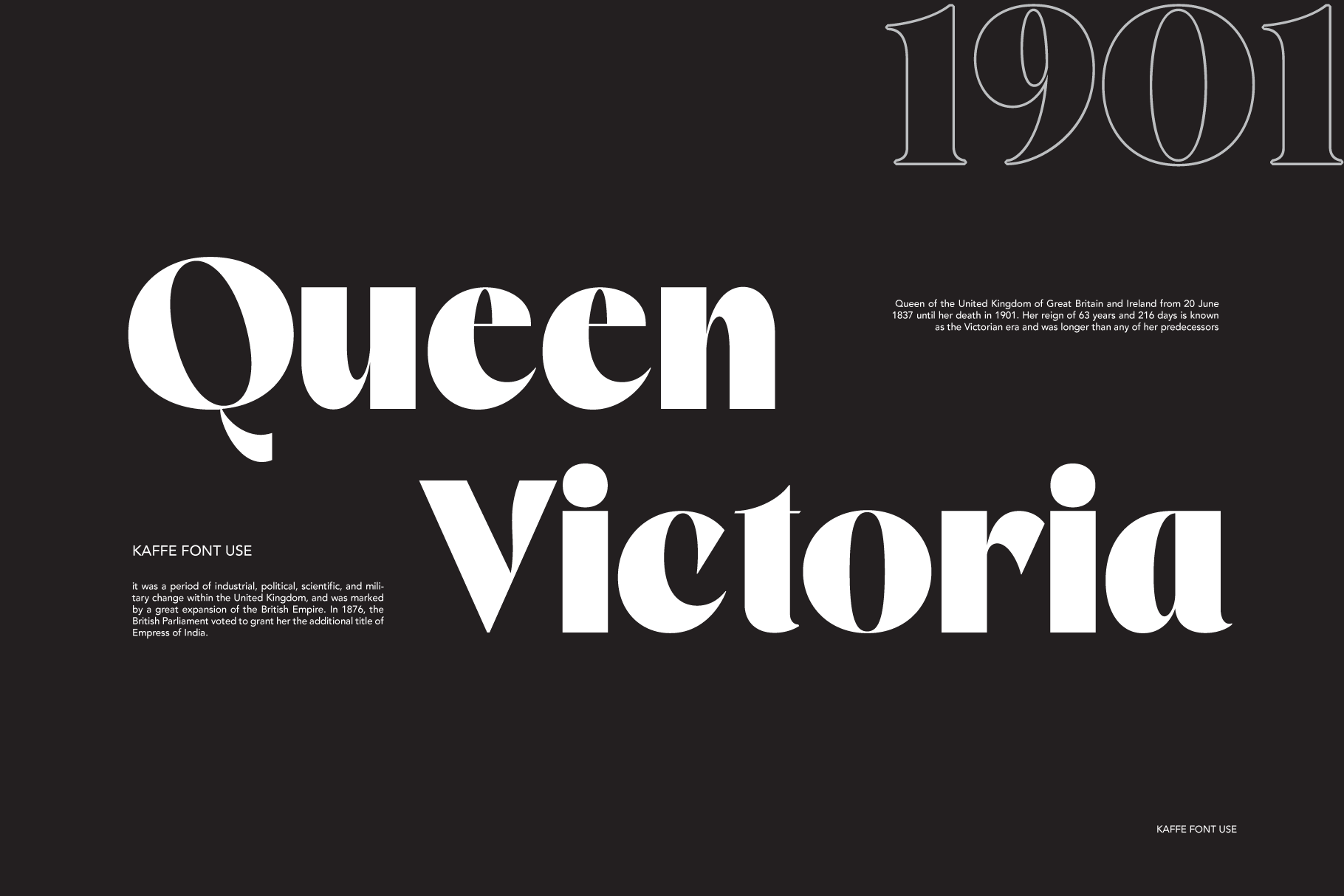 Kaffe serif font display showing Queen Victoria typography on dark background