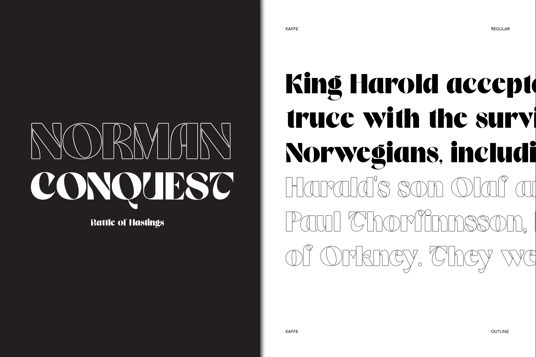 Kaffe font display showing bold serif typeface with historical text layout