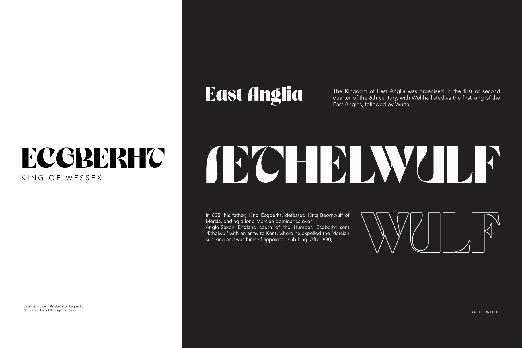 Bold serif typography layout with historical text on Anglo-Saxon kingdoms, split black white design