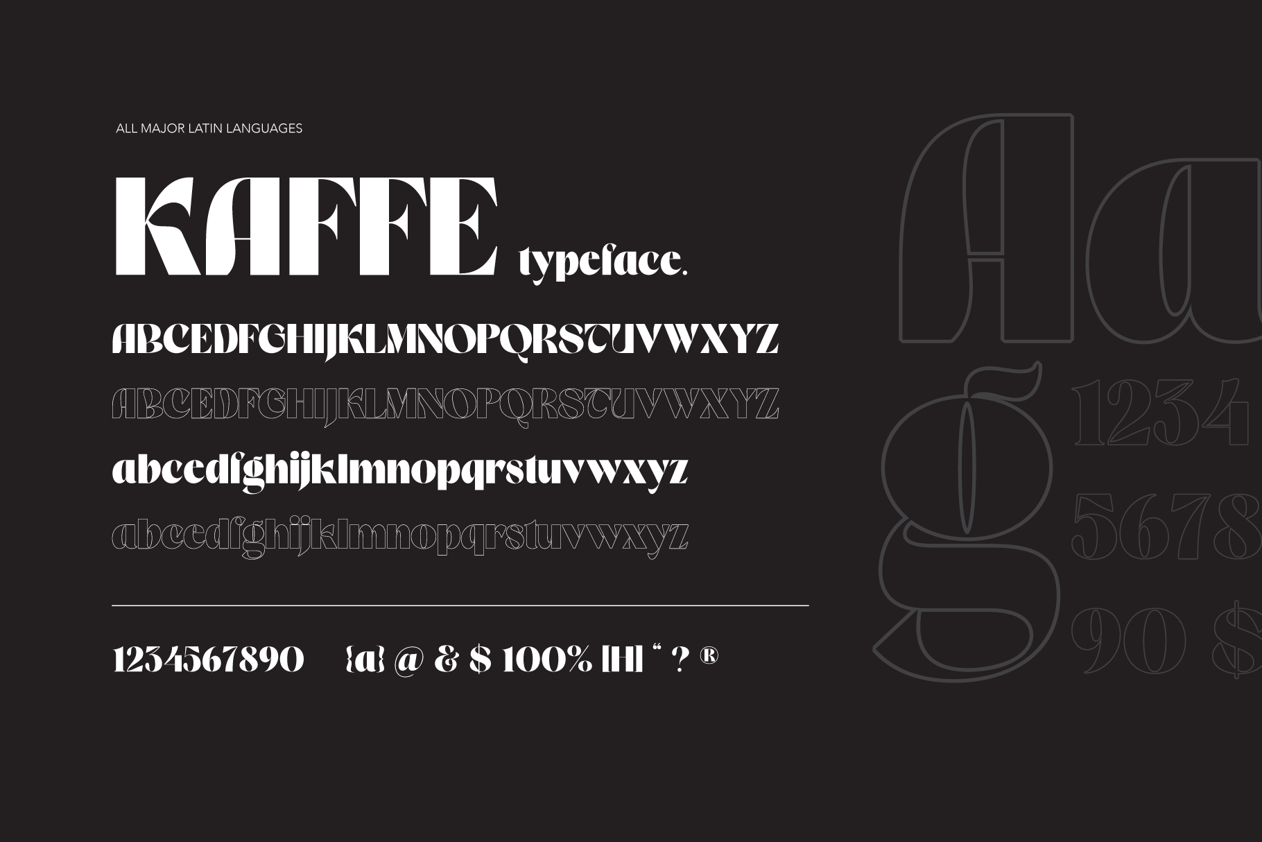 Kaffe typeface showing uppercase, lowercase, outline weights, numbers, plus special characters on dark background