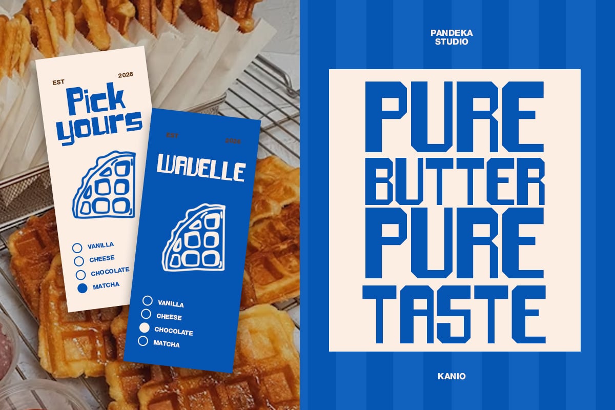 Waffle shop menu cards with bold blue typography, flavor options, EST 2026 branding on cream background