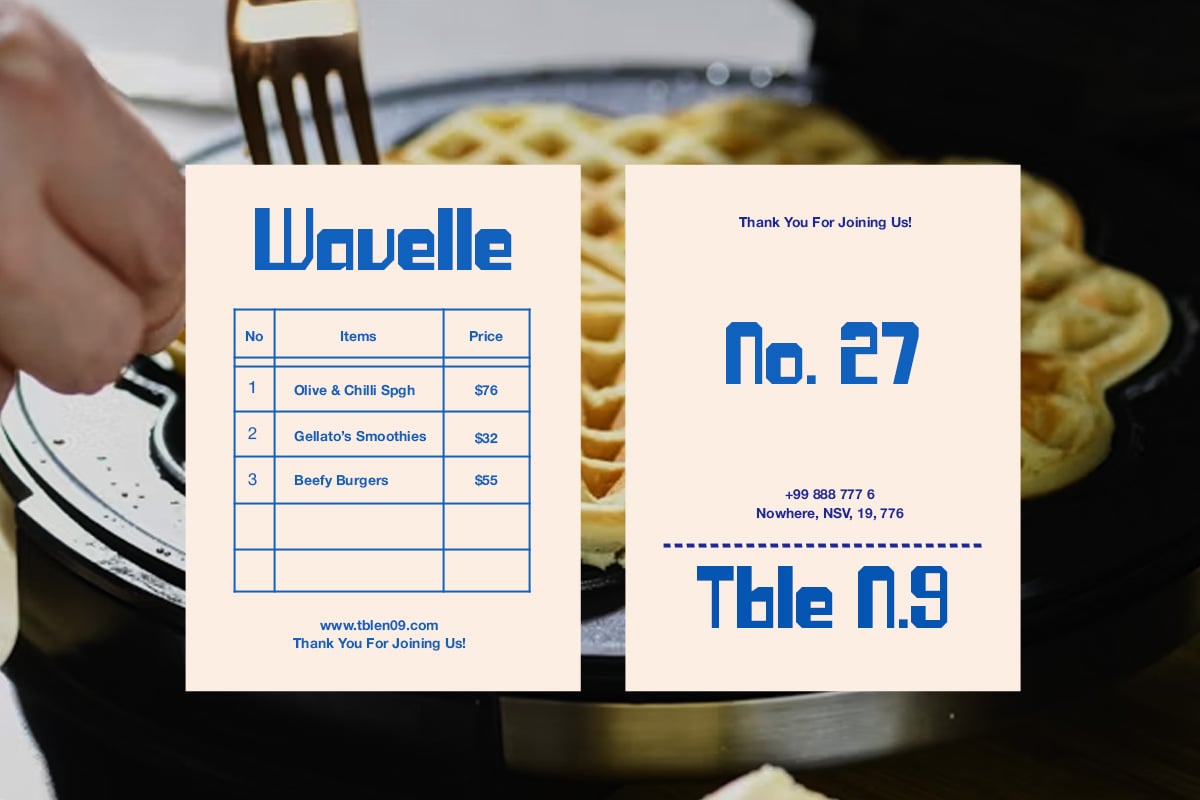 Retro diner receipt mockup with cream background, blue Wavelle typography, menu table, contact info card overlay