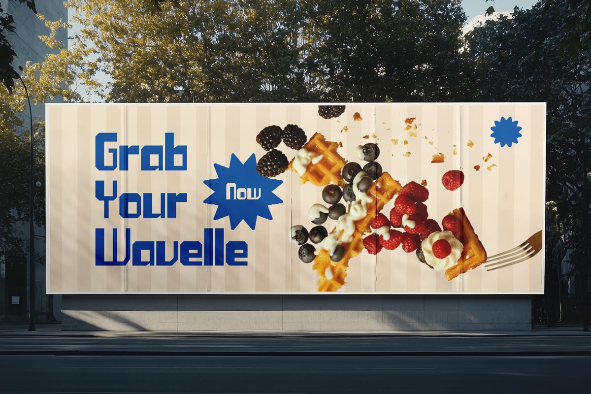 Outdoor billboard mockup with blue retro typography next to waffle topped with berries