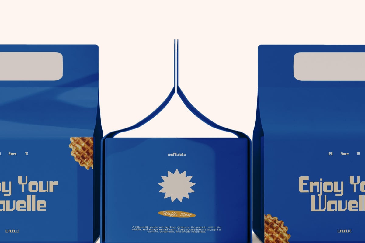 Waffle box packaging mockup with deep blue design, cream text, gold accents, star burst badge