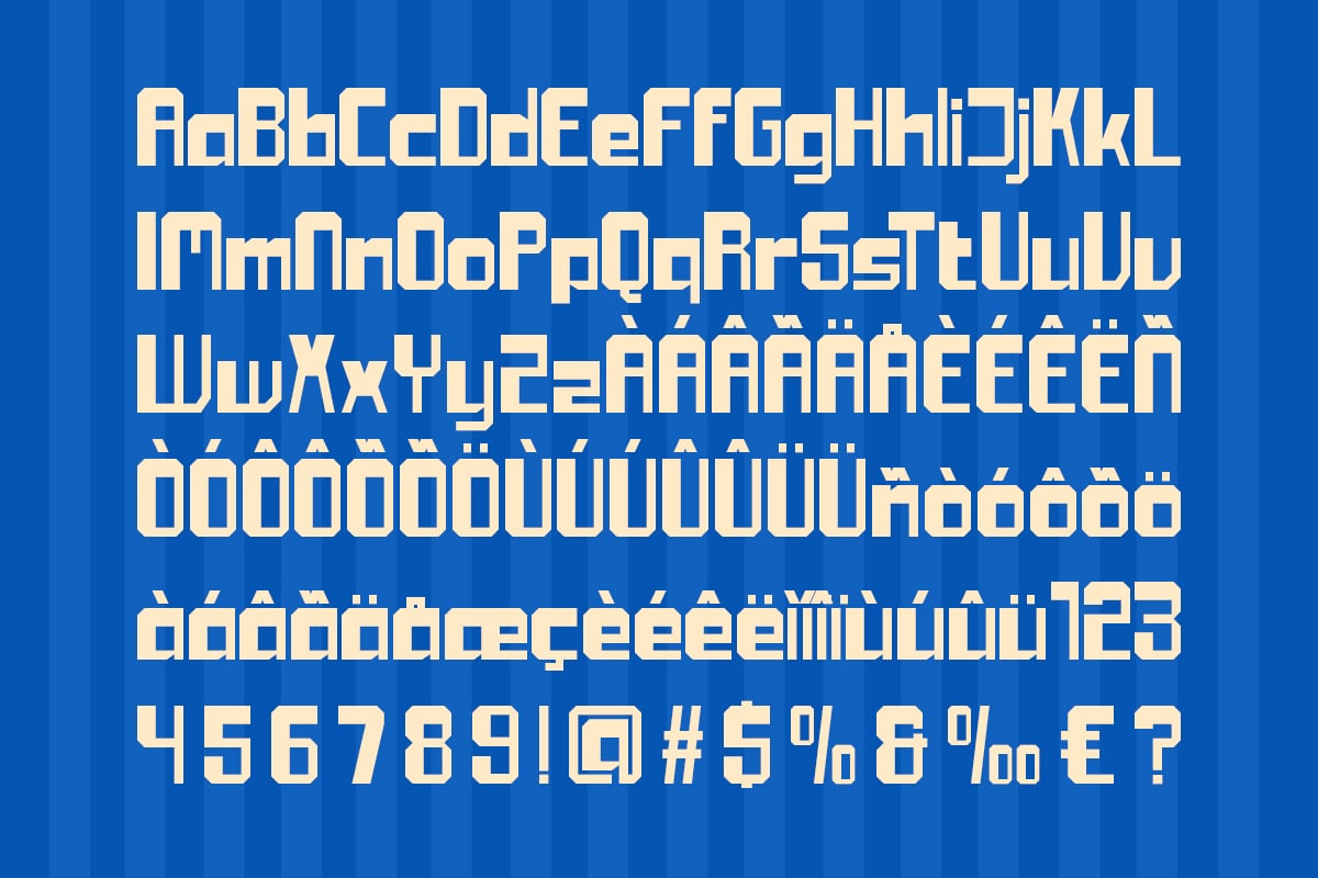 Bold geometric font with full character set on vibrant blue striped background