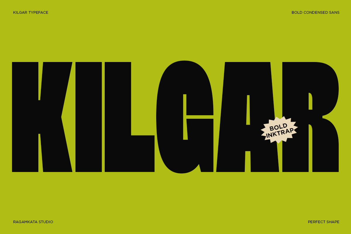Bold black typeface specimen on bright lime background with font names labeled