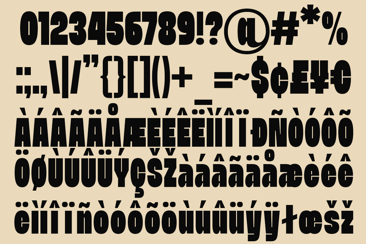 Bold sans serif font displaying full character set with numbers, symbols, accented letters on cream background