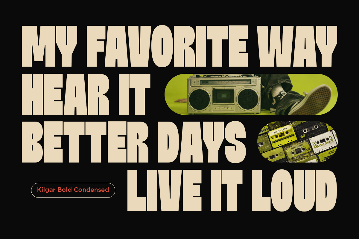 Bold retro poster with cream type on black, boombox photo, cassettes, Kilgar font