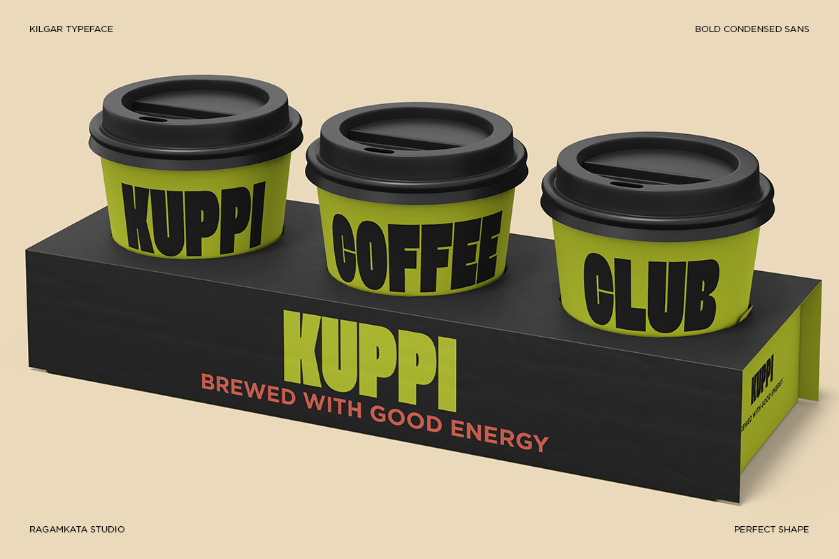 Coffee cup carrier mockup with three neon yellow cups displaying Kuppi branding on black base