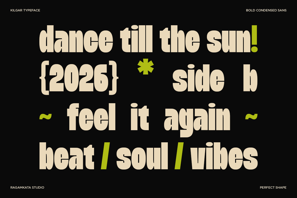 Bold sans serif typography with lime green accents on black background, groovy text layout