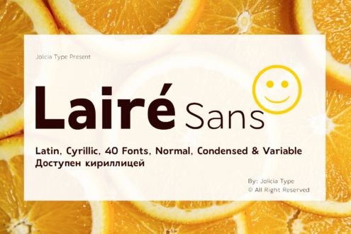 Lairé Sans font family displayed over bright orange slices with smiley face logo