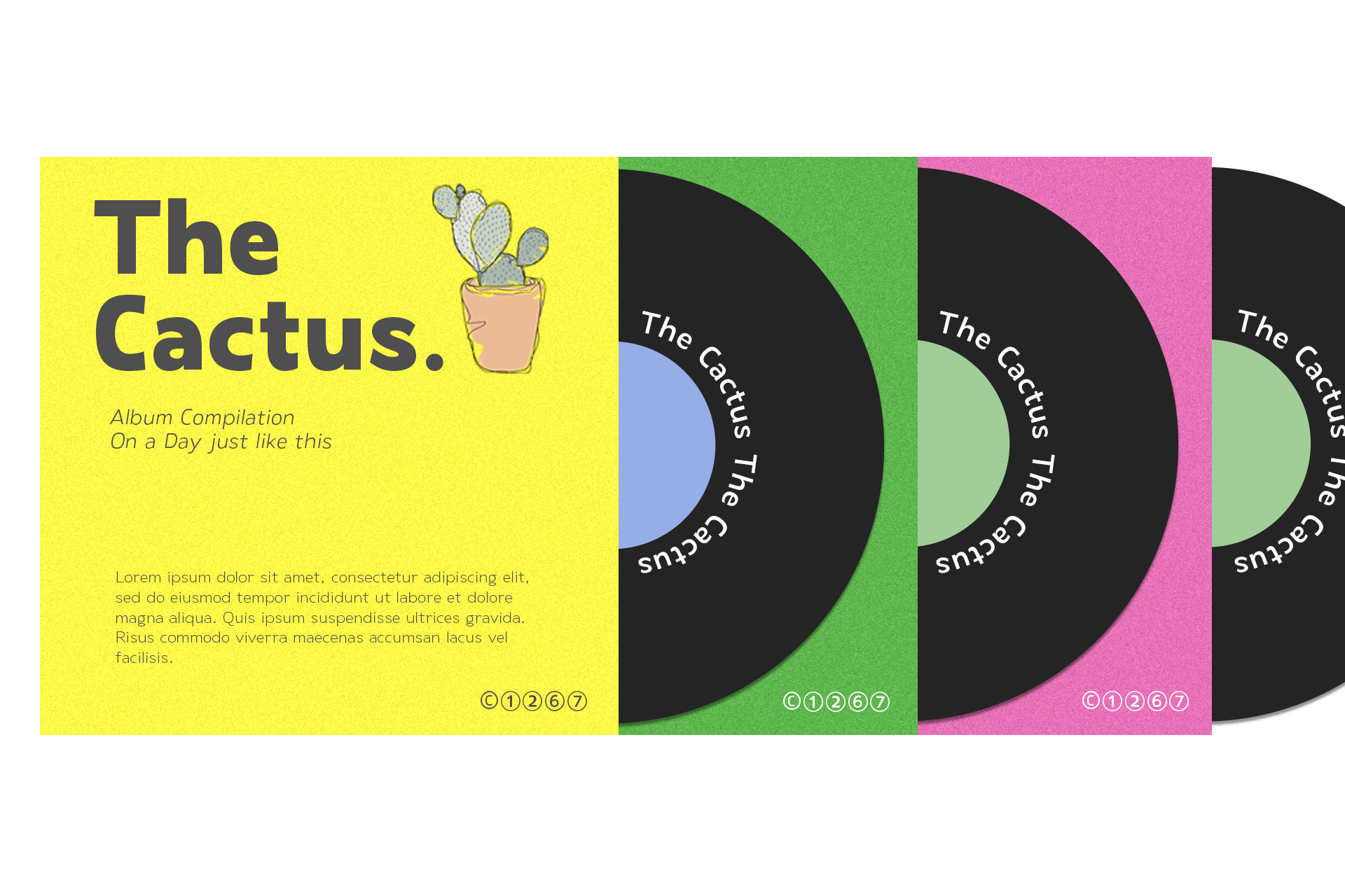 Colorful vinyl album mockup with yellow sleeve featuring cactus illustration, three black records on green, mint, plus pink backgrounds