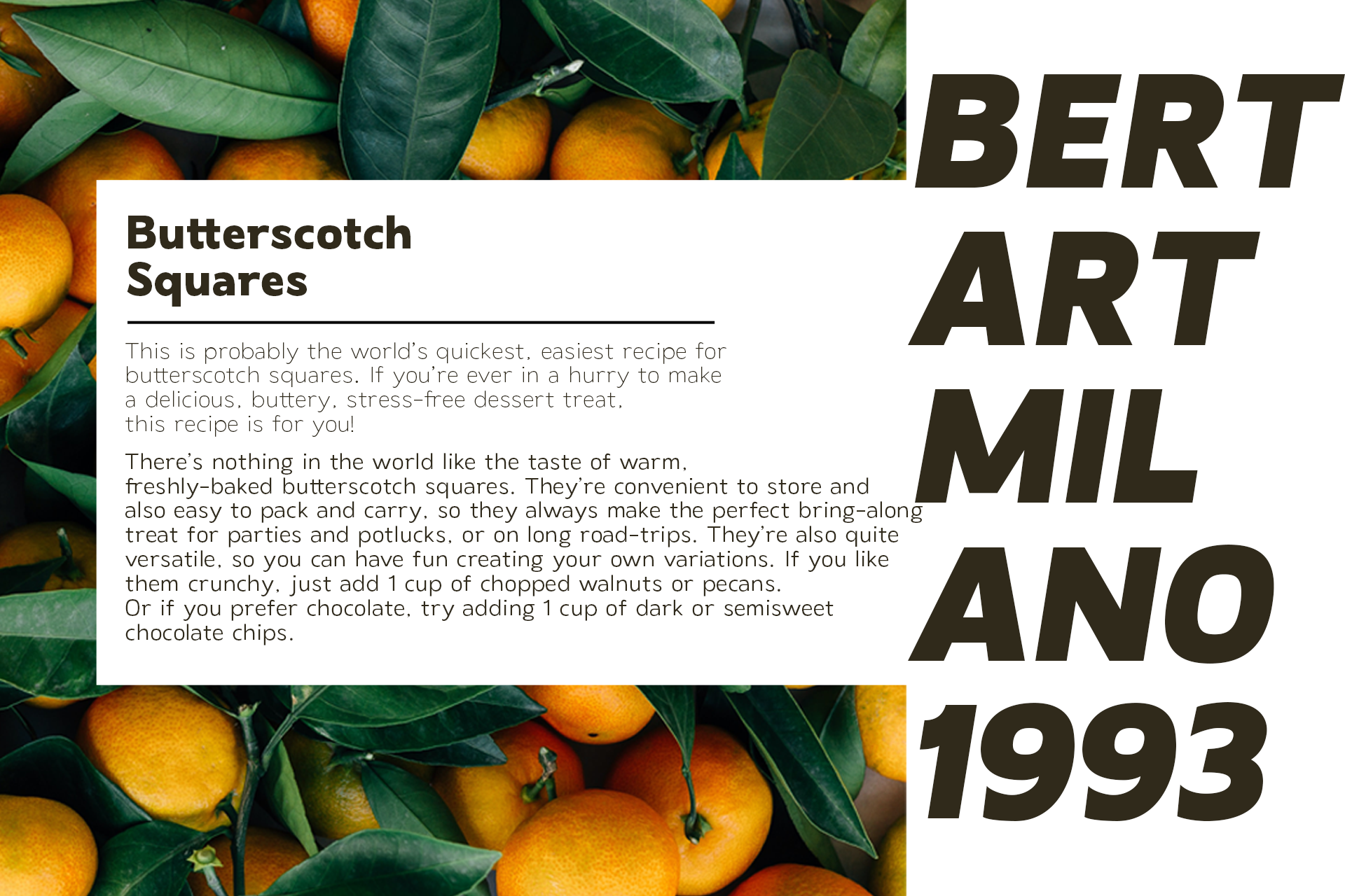 Butterscotch squares recipe layout with fresh citrus background, bold typography design mockup