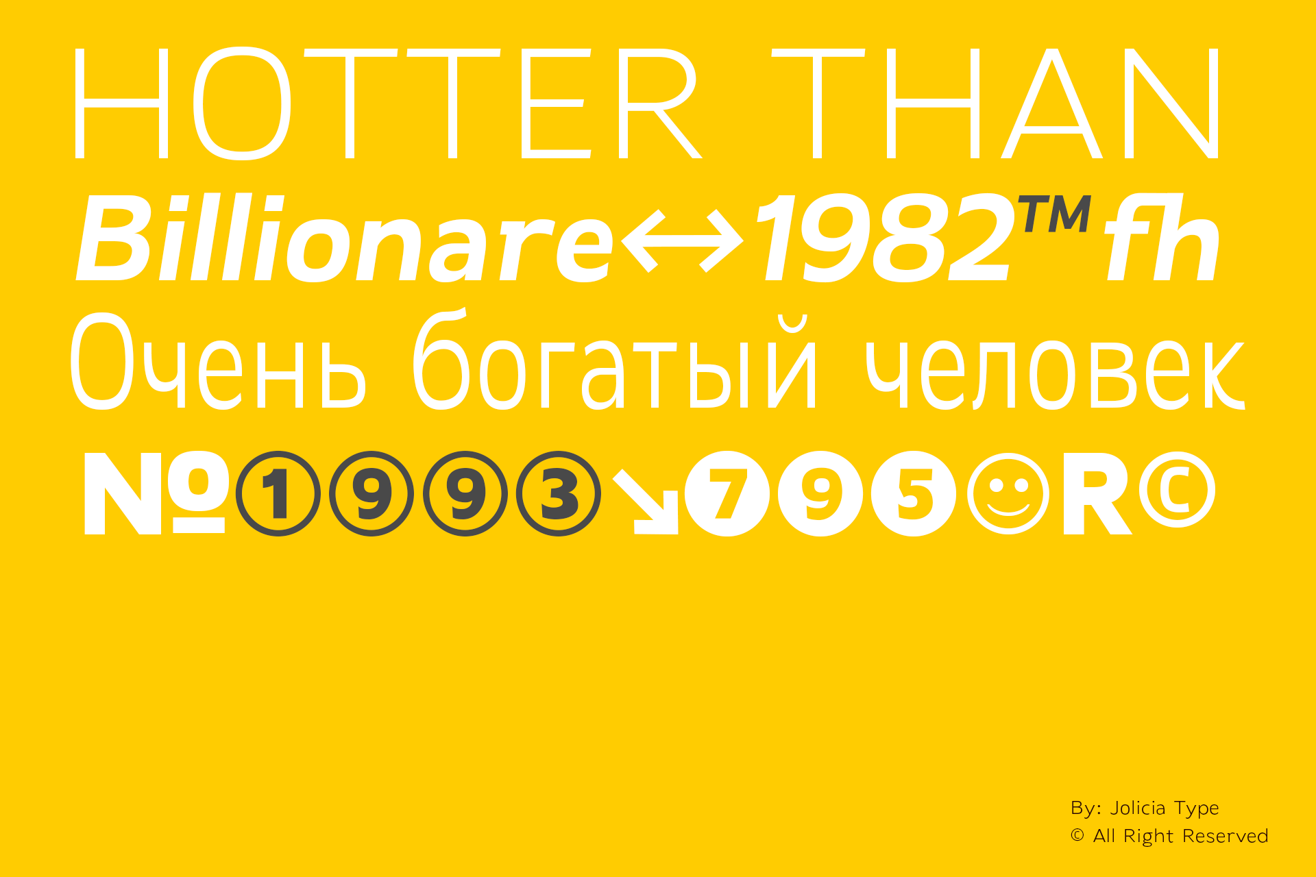 Bright yellow background with bold white sans-serif text mixing English, Cyrillic, numbers, symbols, smiley faces in playful retro style