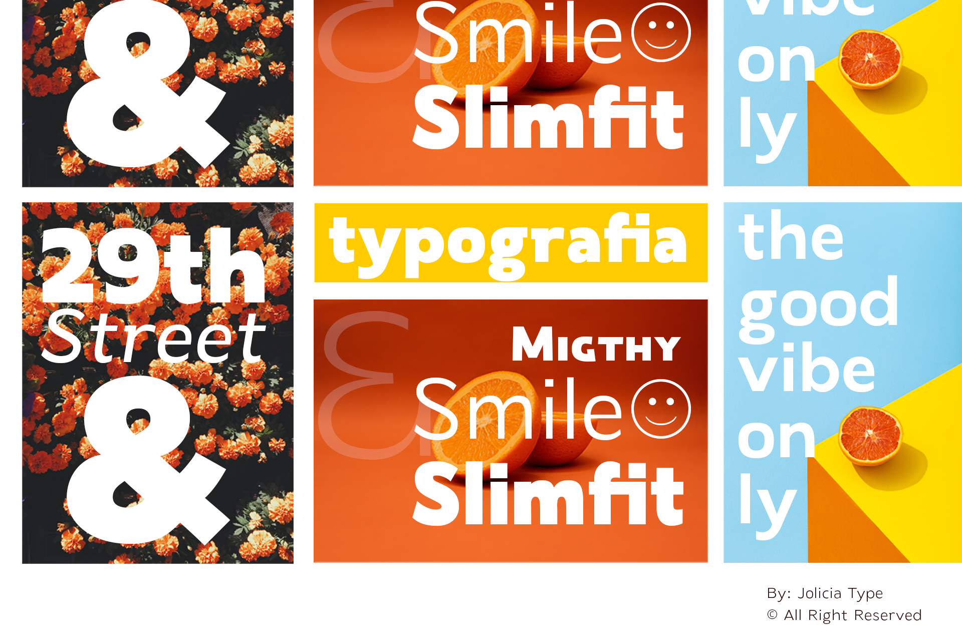 Colorful social media mockup set with bold typography, smiley faces, orange slices, vibrant backgrounds