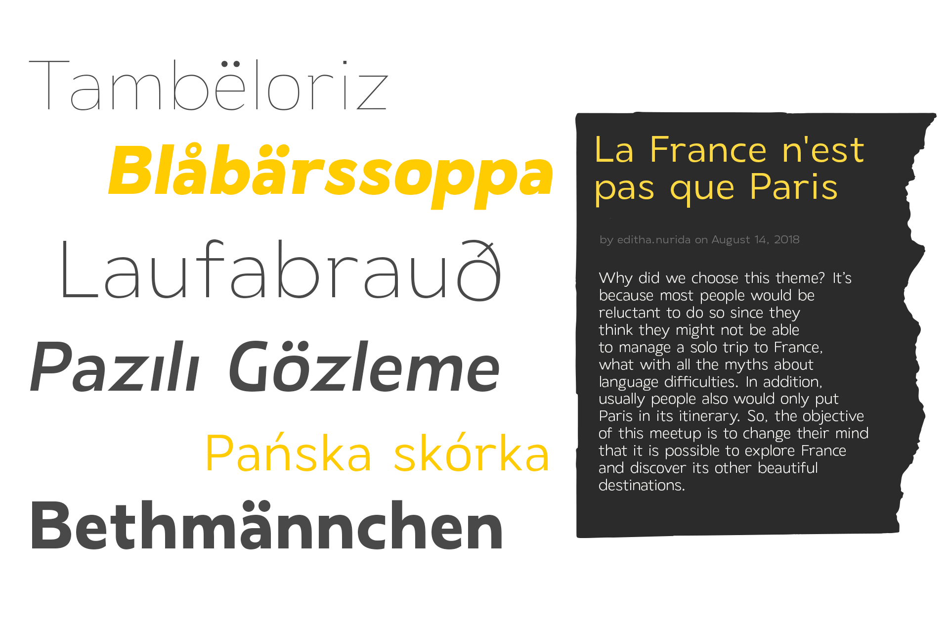 Blog post mockup showing multilingual text with gold accents on dark card design