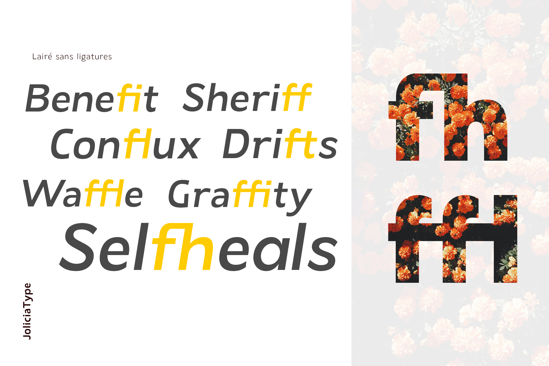 Lairé sans ligatures font specimen showing yellow highlighted letters in words like Benefit, Sheriff, Conflux, Drifts, Waffle, Graffity, Selfheals with floral pattern cutout letters on right