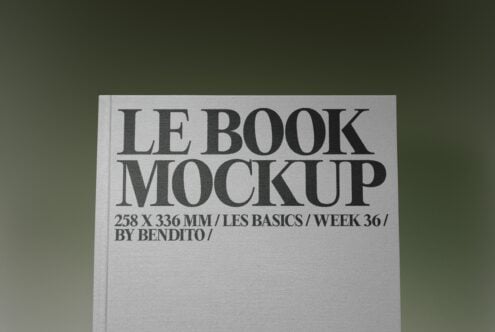 Hardcover book mockup with bold serif typography on light gray cover against muted green background