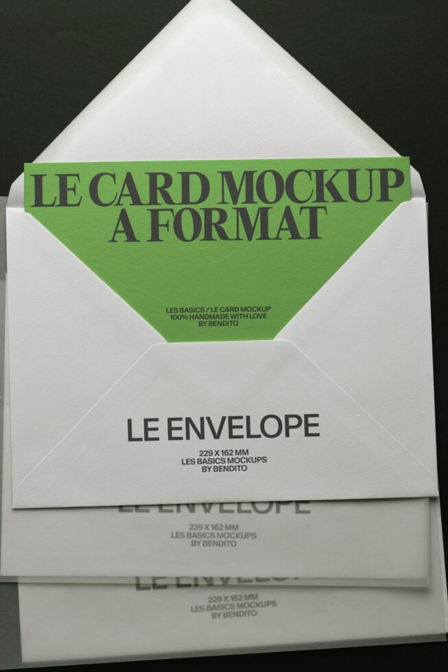 Stacked white envelopes with green card mockup showing text on dark background