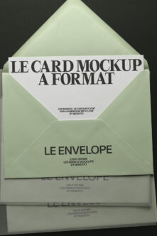 Sage green envelope with white card mockup stacked overhead shot showing realistic texture