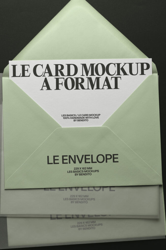 Sage green envelope with white card mockup stacked overhead shot showing realistic texture