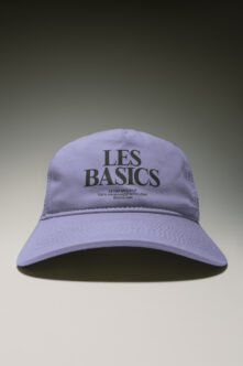 Lavender dad hat mockup with Les Basics branding on front panel, handmade tagline included