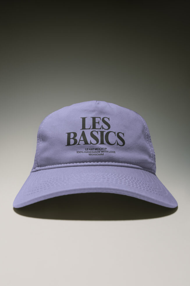 Lavender dad hat mockup with Les Basics branding on front panel, handmade tagline included