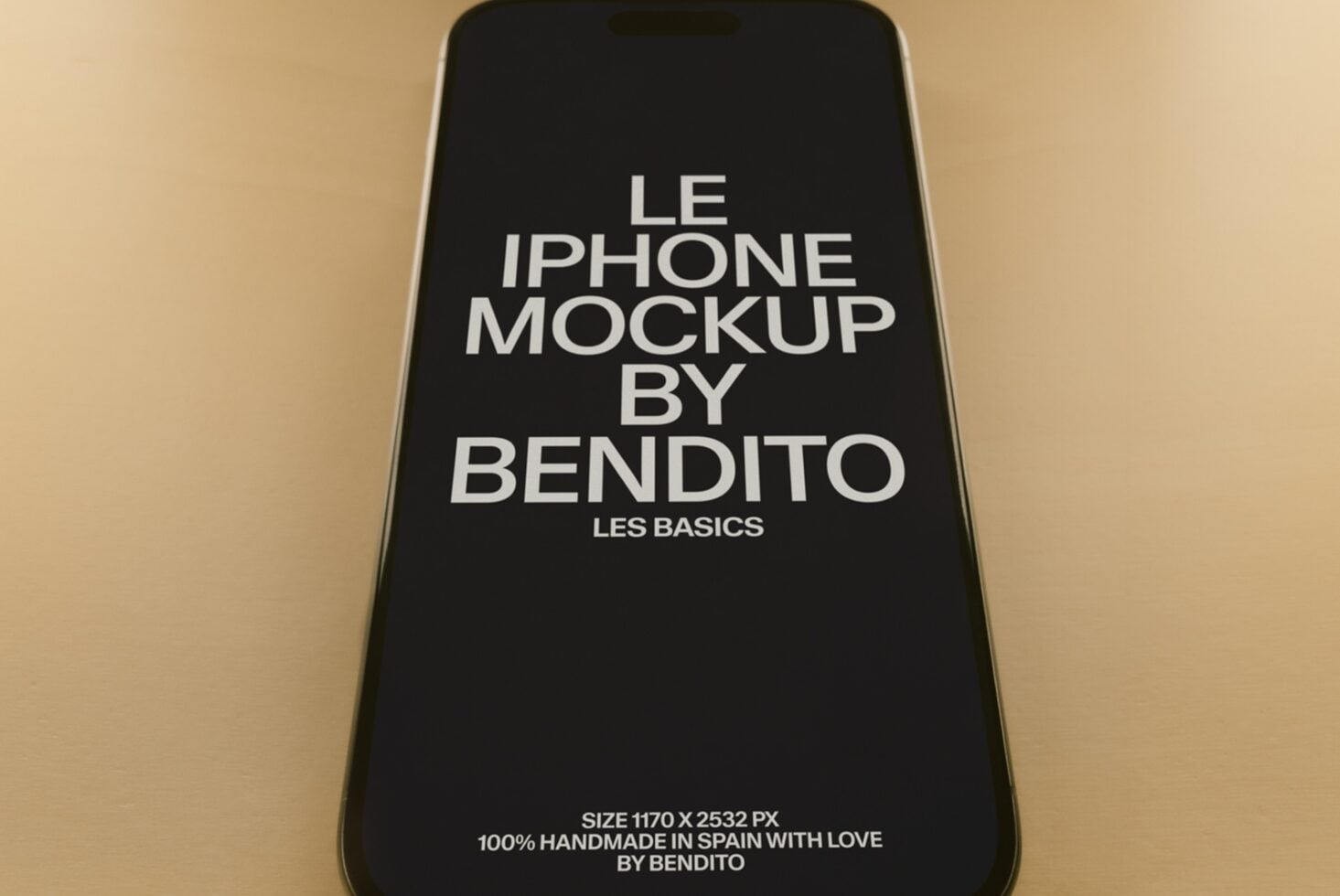 Black iPhone mockup on tan background showing centered white text layout for branding