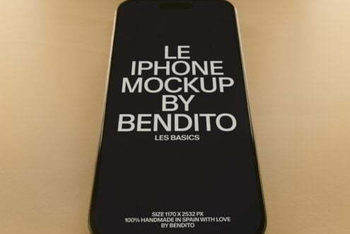 Black iPhone mockup on tan background showing centered white text layout for branding