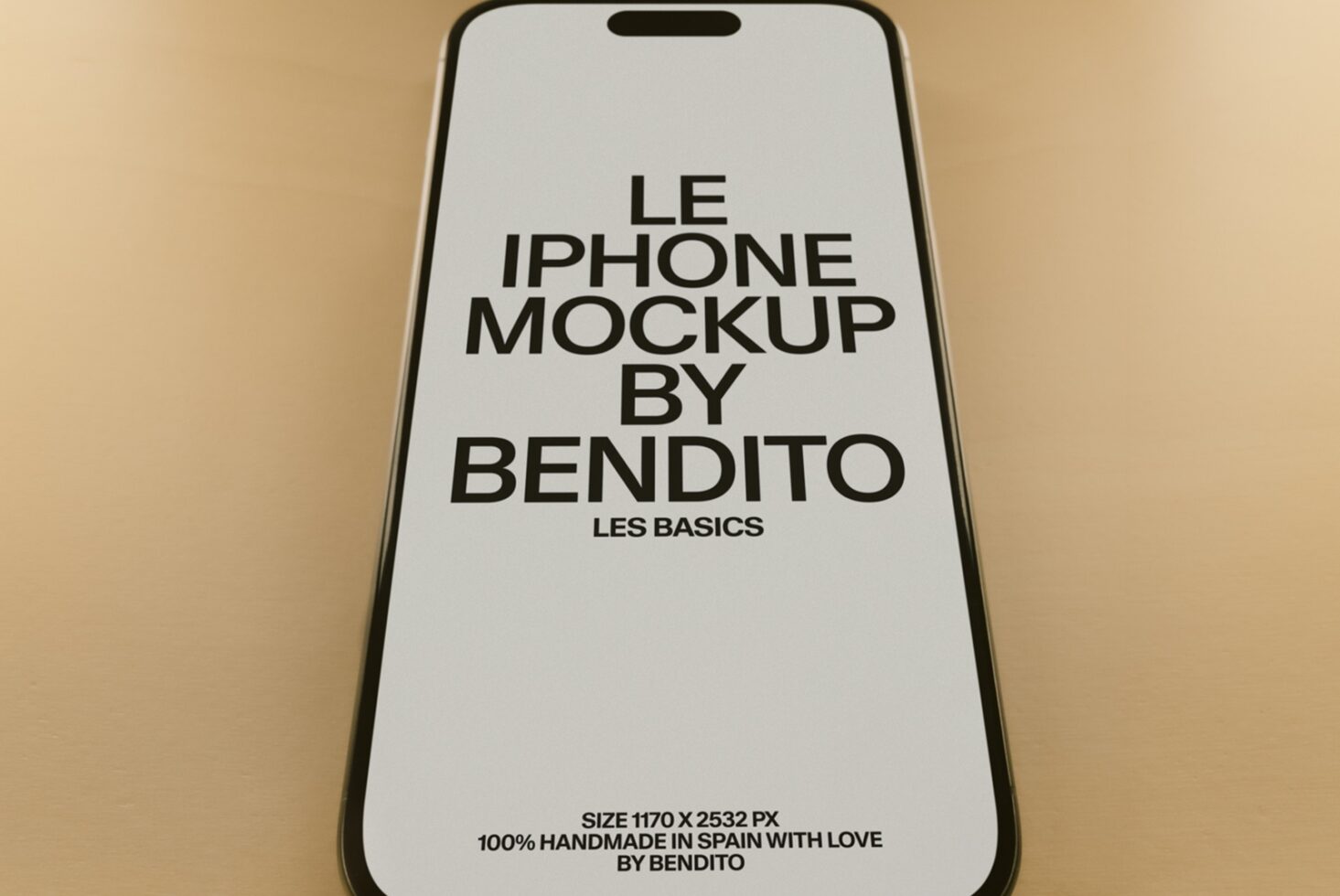 iPhone 14 mockup on tan background showing clean centered type layout