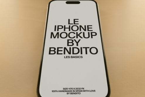 iPhone 14 mockup on tan background showing clean centered type layout