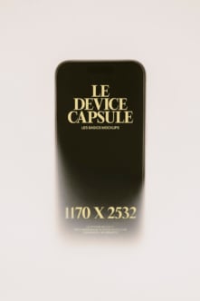 Black phone mockup with gold serif typography on neutral background
