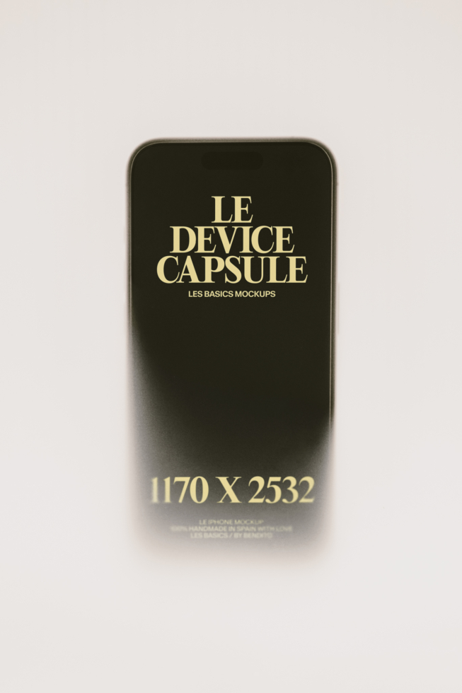 Black phone mockup with gold serif typography on neutral background
