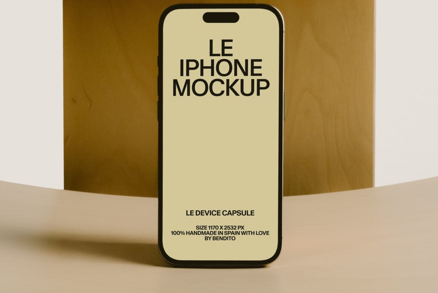 iPhone 14 Pro mockup on warm gold background with cream screen display