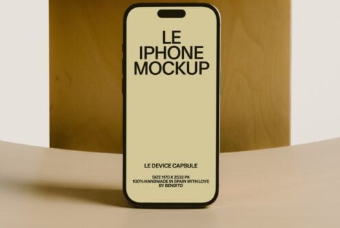 iPhone 14 Pro mockup on warm gold background with cream screen display