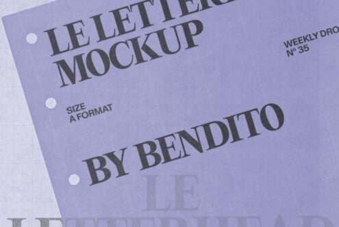 Letterhead mockup in lavender with serif typography, spiral binding holes, size A format label