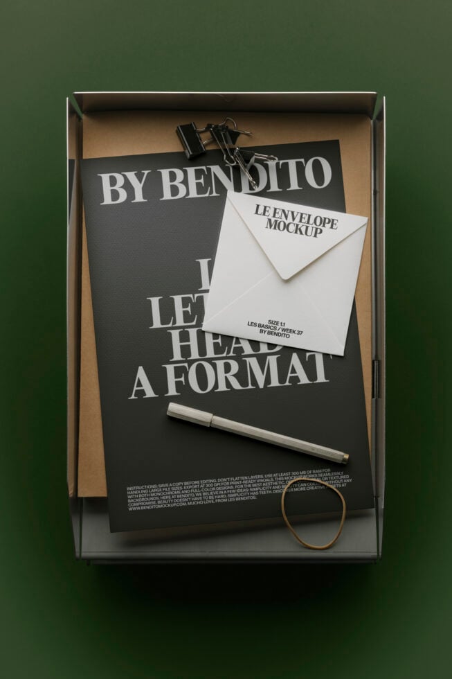 Flat lay mockup of black poster, white envelope, pen, gold ring, binder clip in cardboard box