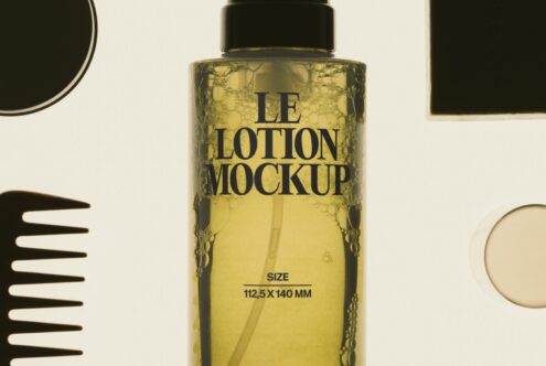Luxury lotion bottle mockup with gold liquid, black cap, surrounded by beauty accessories on cream background