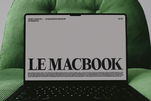 MacBook mockup on sage green ribbed fabric with care instructions text visible