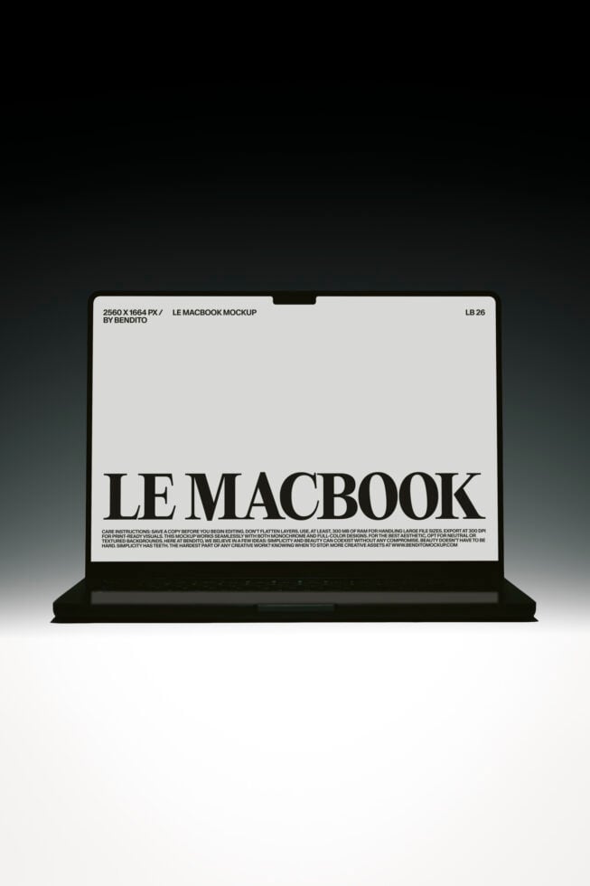 MacBook laptop mockup with large serif typography on minimal screen display