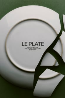 Minimalist white ceramic plate mockup with dark green leaf accent on sage background