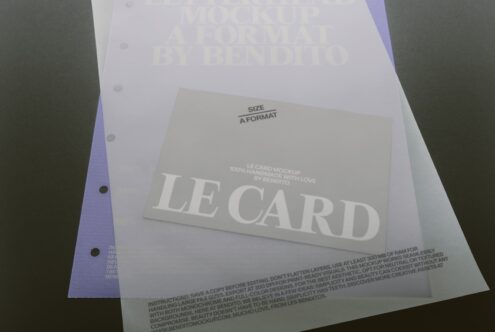 Stacked business card mockups with lavender accent showing serif typography layout